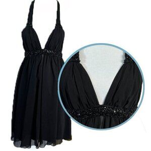 VTG y2K ABS Allen Schwartz Cocktail‎ Dress Size 2 Babydoll Halter Beaded LBD